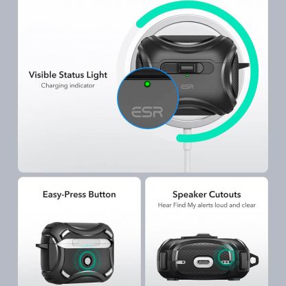 ESR AirPods Pro Cyber Lock Armor Halolock MagSafe Case - силиконов удароустойчив калъф с карабинер съвместим с MagSafe за Apple AirPods Pro 2, AirPods Pro (черен) 7