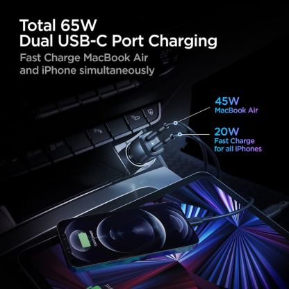 Spigen PC2000 ArcStation Dual Car Charger PD 65W - зарядно за кола с 2xUSB-C изхода с технология за бързо зареждане (черен) 2