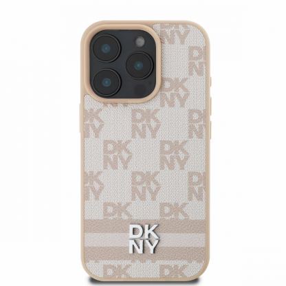 DKNY PU Leather Checkered Pattern and Stripe Leather Hard Case - дизайнерски кожен кейс за iPhone 16 Pro Max (розов) 2