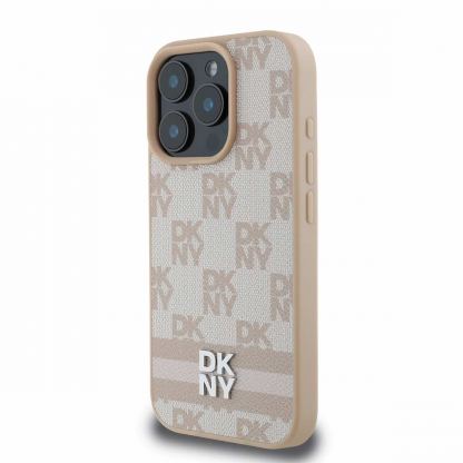 DKNY PU Leather Checkered Pattern and Stripe Leather Hard Case - дизайнерски кожен кейс за iPhone 16 Pro Max (розов) 3
