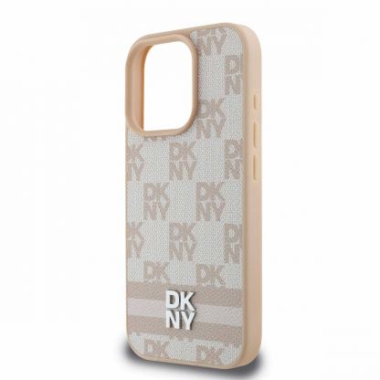 DKNY PU Leather Checkered Pattern and Stripe Leather Hard Case - дизайнерски кожен кейс за iPhone 16 Pro Max (розов) 4