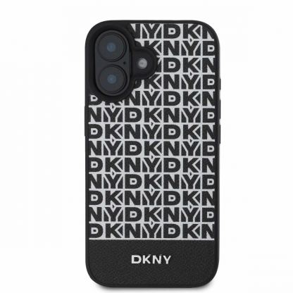DKNY PU Leather Repeat Pattern Bottom Stripe MagSafe Leather Hard Case - дизайнерски кожен кейс с MagSafe за iPhone 16 (черен) 2