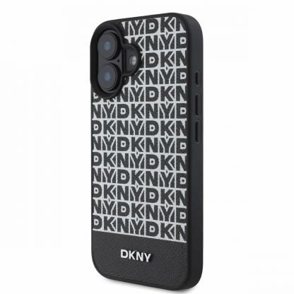 DKNY PU Leather Repeat Pattern Bottom Stripe MagSafe Leather Hard Case - дизайнерски кожен кейс с MagSafe за iPhone 16 (черен) 3