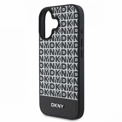 DKNY PU Leather Repeat Pattern Bottom Stripe MagSafe Leather Hard Case - дизайнерски кожен кейс с MagSafe за iPhone 16 (черен) 4