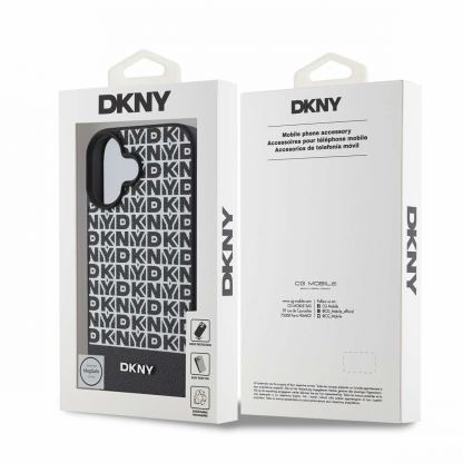 DKNY PU Leather Repeat Pattern Bottom Stripe MagSafe Leather Hard Case - дизайнерски кожен кейс с MagSafe за iPhone 16 (черен) 6