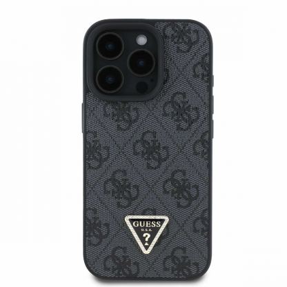 Guess PU 4G Strass Triangle Metal Logo Case With Crossbody Strap - дизайнерски кожен кейс с връзка за носене през врата за iPhone 16 Pro Max (черен) 2