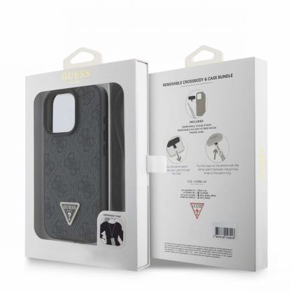 Guess PU 4G Strass Triangle Metal Logo Case With Crossbody Strap - дизайнерски кожен кейс с връзка за носене през врата за iPhone 16 Pro Max (черен) 6