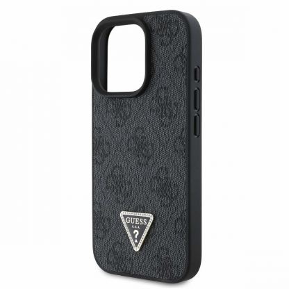 Guess PU 4G Strass Triangle Metal Logo Case With Crossbody Strap - дизайнерски кожен кейс с връзка за носене през врата за iPhone 16 Pro (черен) 3