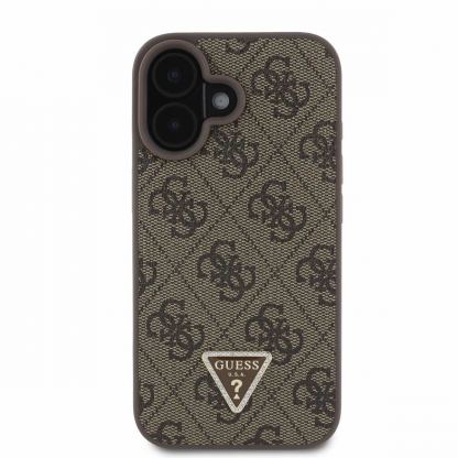 Guess PU 4G Strass Triangle Metal Logo Case With Crossbody Strap - дизайнерски кожен кейс с връзка за носене през врата за iPhone 16 (кафяв) 2