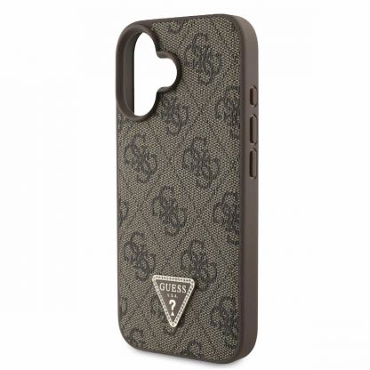 Guess PU 4G Strass Triangle Metal Logo Case With Crossbody Strap - дизайнерски кожен кейс с връзка за носене през врата за iPhone 16 (кафяв) 4