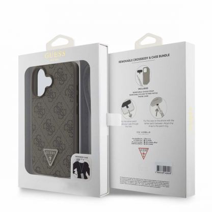 Guess PU 4G Strass Triangle Metal Logo Case With Crossbody Strap - дизайнерски кожен кейс с връзка за носене през врата за iPhone 16 (кафяв) 7