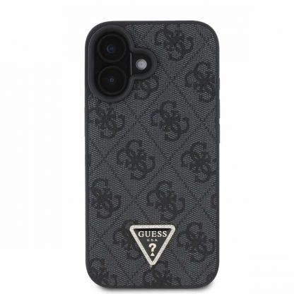 Guess PU 4G Strass Triangle Metal Logo Case With Crossbody Strap - дизайнерски кожен кейс с връзка за носене през врата за iPhone 16 (черен) 2