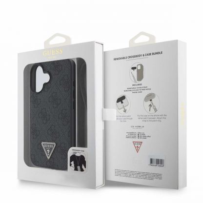 Guess PU 4G Strass Triangle Metal Logo Case With Crossbody Strap - дизайнерски кожен кейс с връзка за носене през врата за iPhone 16 (черен) 7