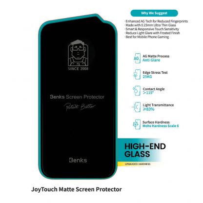 Benks JoyTouch Matte Tempered Glass Film (0.30mm) - матирано калено стъклено защитно покритие за дисплея на iPhone 16 Pro (черен-прозрачен) 4