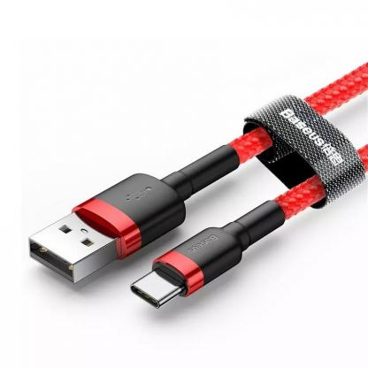 Baseus Cafule USB-A to USB-C Cable 18W (CATKLF-C09) - кабел с въжена оплетка и бързо зареждане за устройства с USB-C порт (200 см) (червен-черен) 2