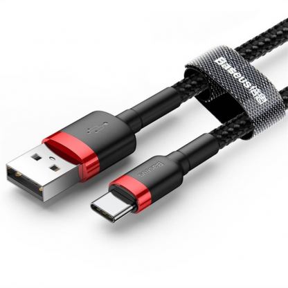 Baseus Cafule USB-A to USB-C Cable 3A (CATKLF-B91) - кабел с въжена оплетка и бързо зареждане за устройства с USB-C порт (100 см) (черен-червен) 2