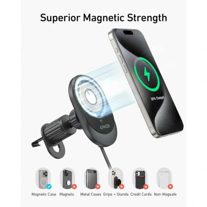 Anker MagGo Magsafe Wireless Car Charger Mount 15W with Car Charger - поставка за радиатора на кола с безжично зареждане и зарядно за кола за iPhone с Magsafe (черен) 6