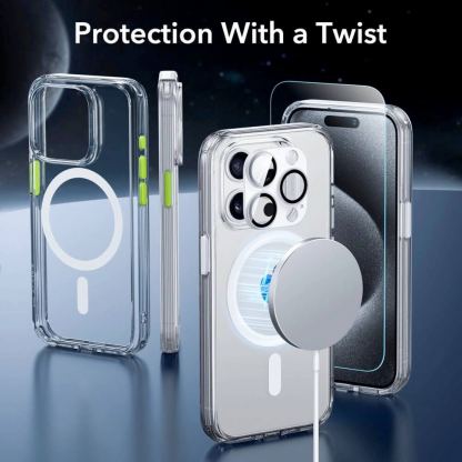 ESR Halolock Classic Pro MagSafe Hybrid Protection Set - хибриден удароустойчив кейс с MagSafe и стъклено защитно покритие за дисплея на iPhone 15 Pro (прозрачен) 2