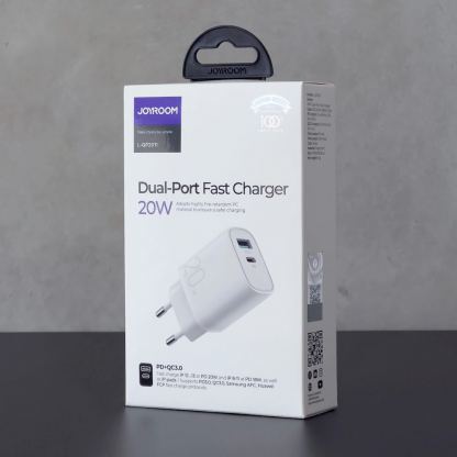 Joyroom Dual Port Fast Charger 20W - захранване за ел. мрежа с USB-A и USB-C изходи и технология за бързо зареждане (бял) 4