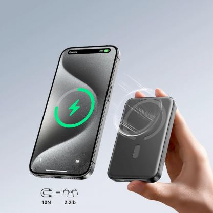 Joyroom Mini Magnetic Wireless Quick Charging Power Bank 5000 mAh 20W - преносима външна батерия с USB-C порт, USB-A изход и безжично зареждане с MagSafe (черен) 8