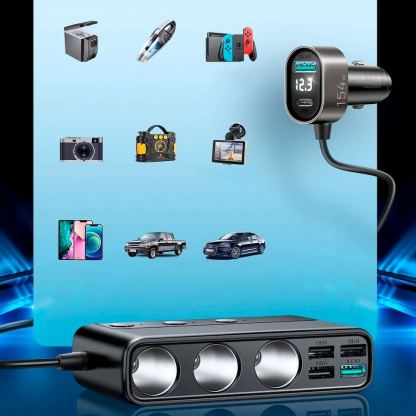 Joyroom 9-in-1 Car Charger 154W - зарядно за кола с 1xUSB-C и 5xUSB-A изходи и 3 извода за запалка (черен) 3