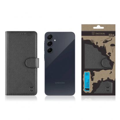 Tactical Field Notes Leather Flip Case - кожен калъф, тип портфейл с поставка и отделение за кр. карти за Samsung Galaxy A55 5G (черен) 3