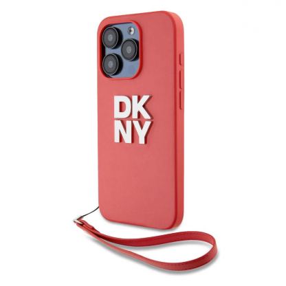 DKNY Stack Logo Wrist Strap Leather Hard Case - дизайнерски кожен кейс с връзка за носене за iPhone 14 Pro Max (червен) 2