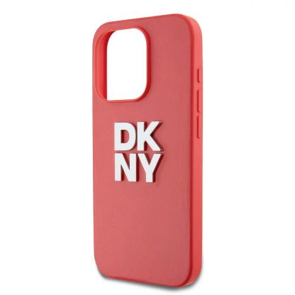 DKNY Stack Logo Wrist Strap Leather Hard Case - дизайнерски кожен кейс с връзка за носене за iPhone 14 Pro Max (червен) 3