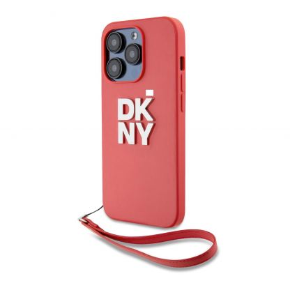 DKNY Stack Logo Wrist Strap Leather Hard Case - дизайнерски кожен кейс с връзка за носене за iPhone 14 Pro (червен) 2