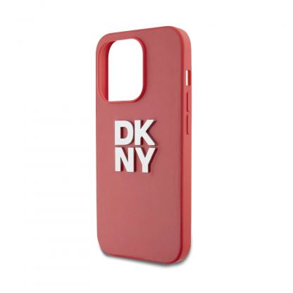 DKNY Stack Logo Wrist Strap Leather Hard Case - дизайнерски кожен кейс с връзка за носене за iPhone 14 Pro (червен) 3