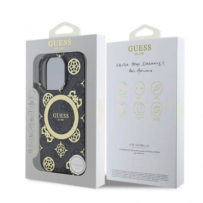 Guess PU IML 4G Peony Stamp MagSafe Leather Hard Case - дизайнерски кожен кейс с MagSafe за iPhone 16 Pro Max (черен) 2