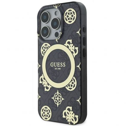 Guess PU IML 4G Peony Stamp MagSafe Leather Hard Case - дизайнерски кожен кейс с MagSafe за iPhone 16 Pro Max (черен) 5