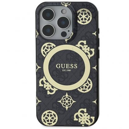 Guess PU IML 4G Peony Stamp MagSafe Leather Hard Case - дизайнерски кожен кейс с MagSafe за iPhone 16 Pro Max (черен) 6