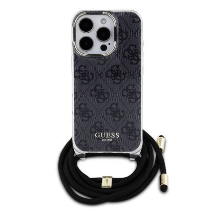 Guess PU IML 4G Printed Case With Crossbody Strap - дизайнерски кожен кейс с връзка за носене през врата за iPhone 16 Pro Max (черен) 2