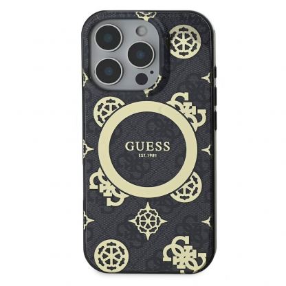 Guess PU IML 4G Peony Stamp MagSafe Leather Hard Case - дизайнерски кожен кейс с MagSafe за iPhone 16 Pro (черен) 2