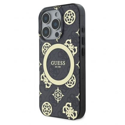 Guess PU IML 4G Peony Stamp MagSafe Leather Hard Case - дизайнерски кожен кейс с MagSafe за iPhone 16 Pro (черен) 3