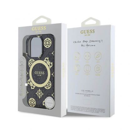 Guess PU IML 4G Peony Stamp MagSafe Leather Hard Case - дизайнерски кожен кейс с MagSafe за iPhone 16 Pro (черен) 6