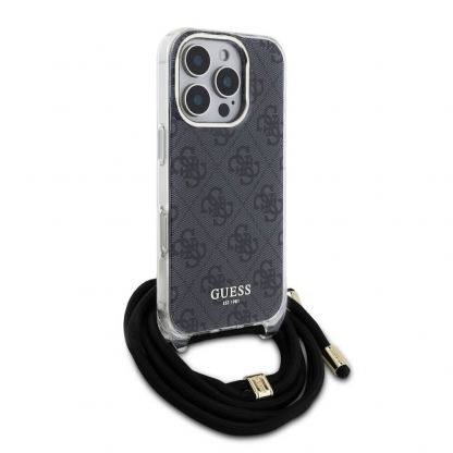 Guess PU IML 4G Printed Case With Crossbody Strap - дизайнерски кожен кейс с връзка за носене през врата за iPhone 16 Pro (черен) 3