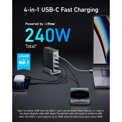 Anker 737 GaN Prime 240W - захранване за ел. мрежа за лаптопи, смартфони и таблети с USB-A и 3xUSB-C изходи с технология за бързо зареждане (черен)  2