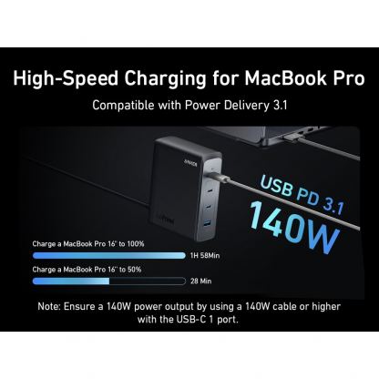 Anker 737 GaN Prime 240W - захранване за ел. мрежа за лаптопи, смартфони и таблети с USB-A и 3xUSB-C изходи с технология за бързо зареждане (черен)  5