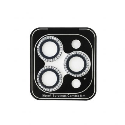 Guess Fixed Glliter Tempered Glass Camera Lens Protector - предпазни стъклени лещи с кристали за камерата на iPhone 16 Pro, iPhone 16 Pro Max (сребрист) 2