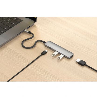 Satechi 4-in-1 USB-C Aluminum Slim Multiport Adapter 4K - мултифункционален хъб за свързване на допълнителна периферия за компютри с USB-C (тъмносив) 4
