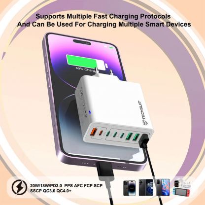 Techsuit CHPD224 Quick Wall Charger PD 65W - захранване за ел. мрежа с 4xUSB-A и 4xUSB-C изхода и технология за бързо зареждане (бял) 4