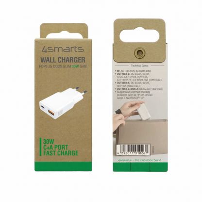 4smarts GaN Duos Slim Wall Charger 30W PD - захранване за ел. мрежа с USB-A и USB-C изходи и технология за бързо зареждане (бял) 11
