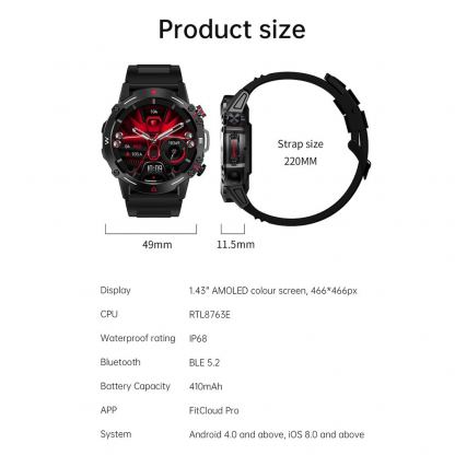 Blavec M07 Raptor HD Amoled Smartwatch - умен фитнес часовник с фунцция за измерване на пулса за iOS и Android (тъмносив) 9