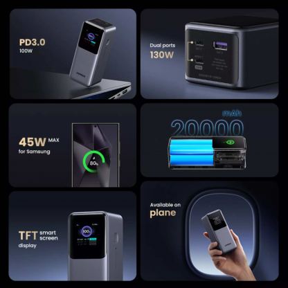 Ugreen Nexode Power Bank 20000 mAh 130W - преносима външна батерия с 2xUSB-C и 1xUSB-A изходи и технология за бързо зареждане (черен) 3
