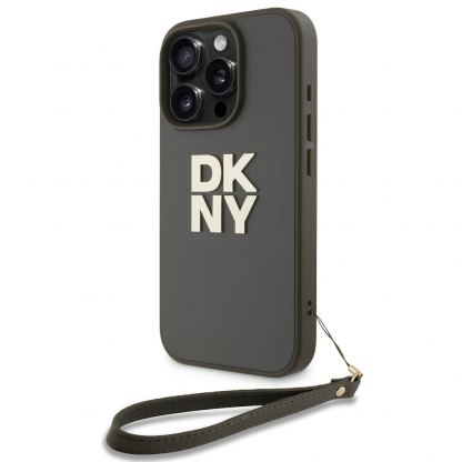 DKNY PU Leather Stack Logo Wrist Strap Case - дизайнерски кожен кейс с връзка за носене за iPhone 16 Pro Max (тъмнозелен) 2