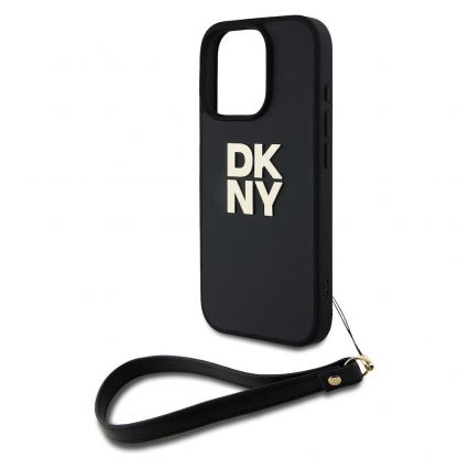 DKNY PU Leather Stack Logo Wrist Strap Case - дизайнерски кожен кейс с връзка за носене за iPhone 16 Pro Max (черен) 3