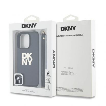 DKNY PU Leather Stack Logo Wrist Strap Case - дизайнерски кожен кейс с връзка за носене за iPhone 16 Pro Max (черен) 5