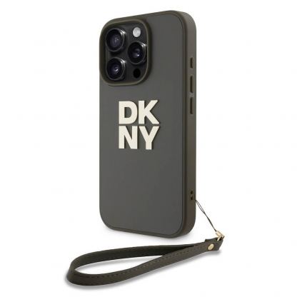 DKNY PU Leather Stack Logo Wrist Strap Case - дизайнерски кожен кейс с връзка за носене за iPhone 16 Pro (тъмнозелен) 2